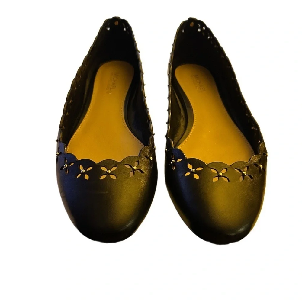 Michael Kors Thalia Black Leather Gold Stud Floral Ballet Flats, NWOT, Size 6